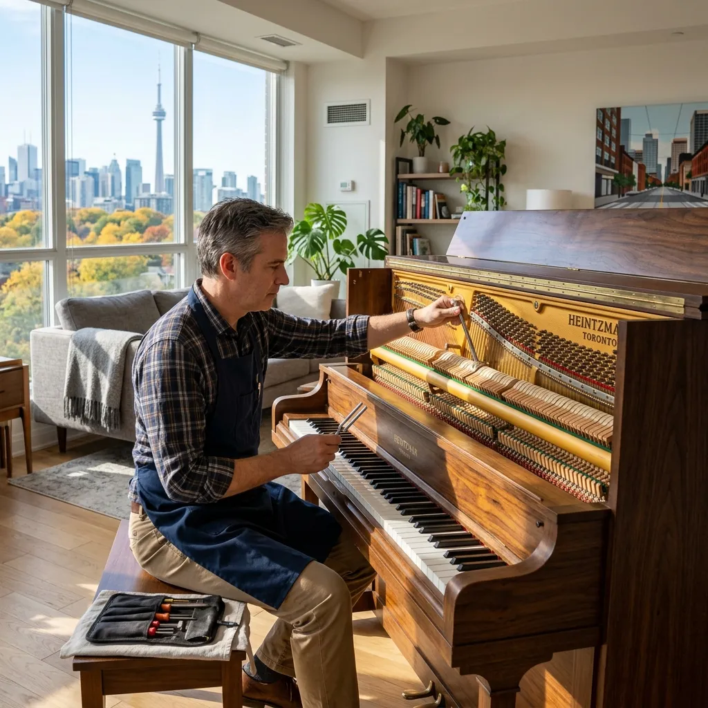 A professional piano technician tuning a piano in a bright Toronto living room