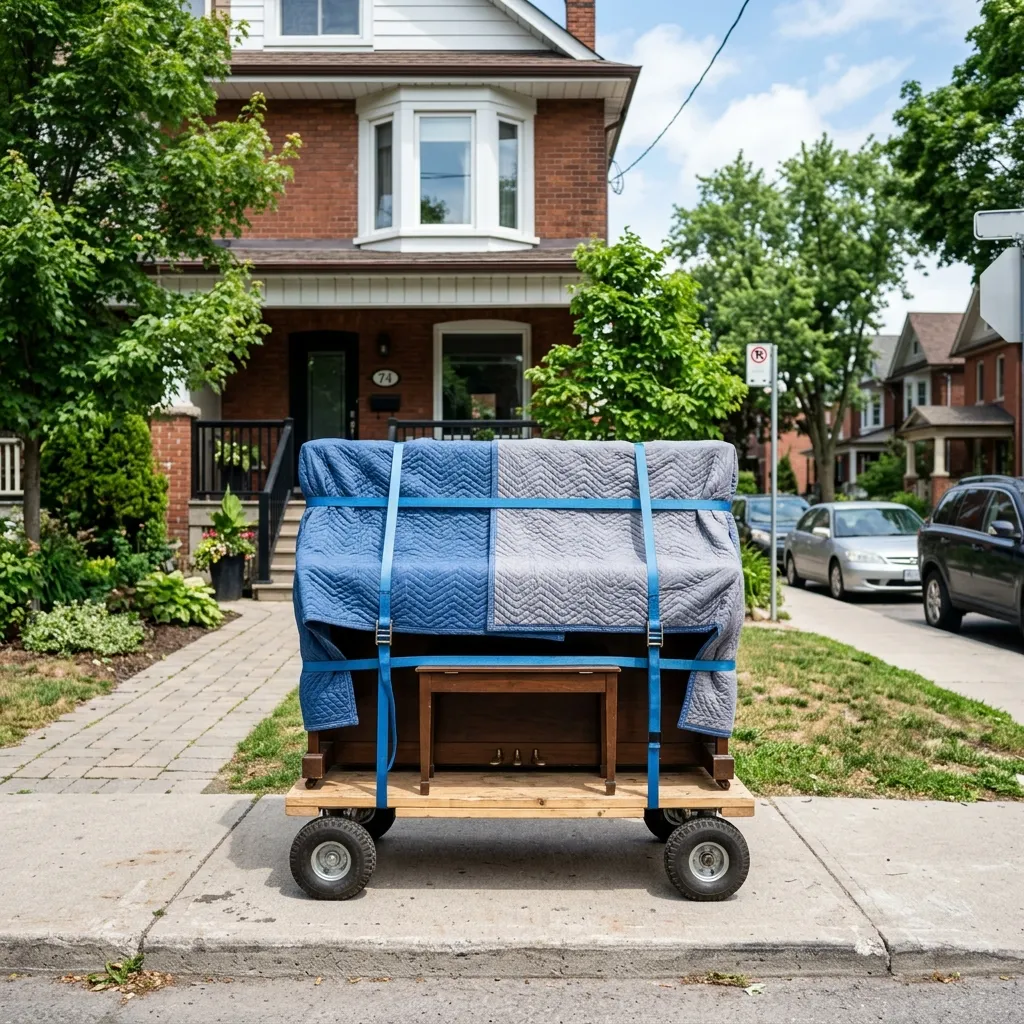 Upright piano on skid board dolly during cross-city Toronto move