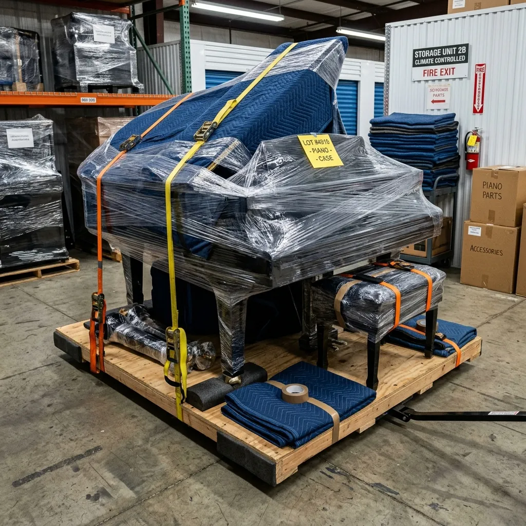 Grand piano disassembled and wrapped for climate controlled storage