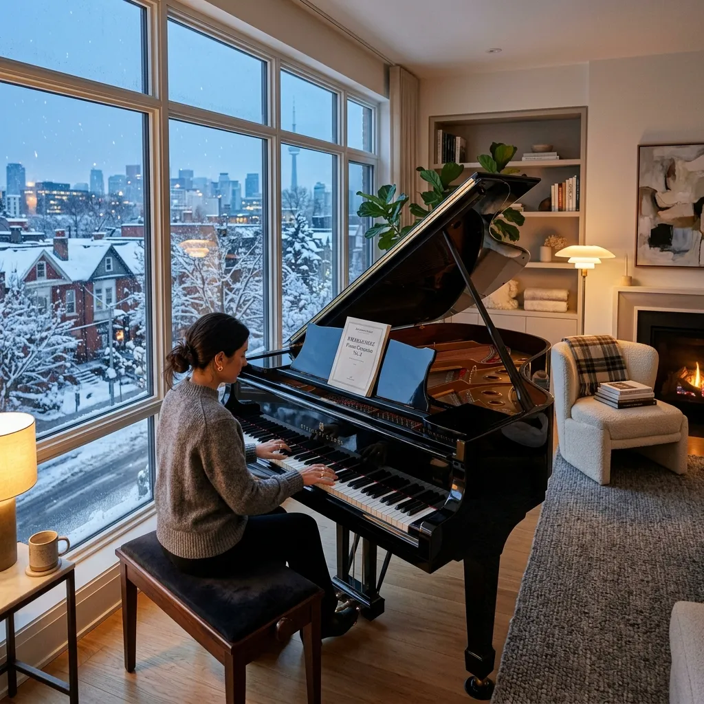 Grand piano in a Toronto living room during winter